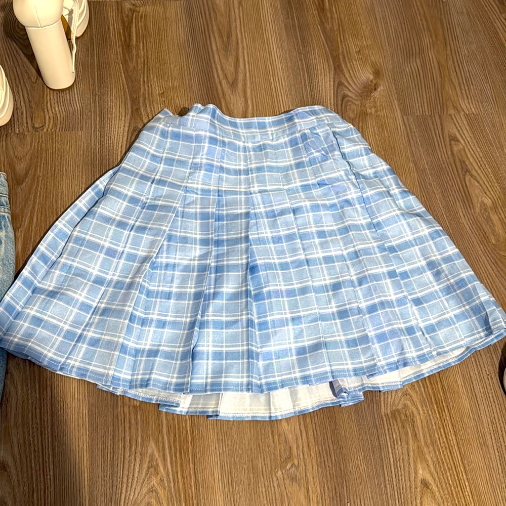 short light blue plaid skirt